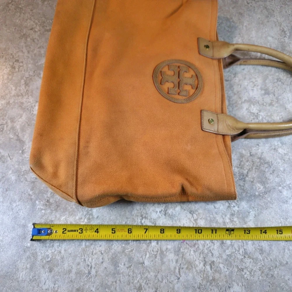 Tory Burch Rustic Fall Pumpkin Orange Canvas Leather Large Tote Bag Floral Lined